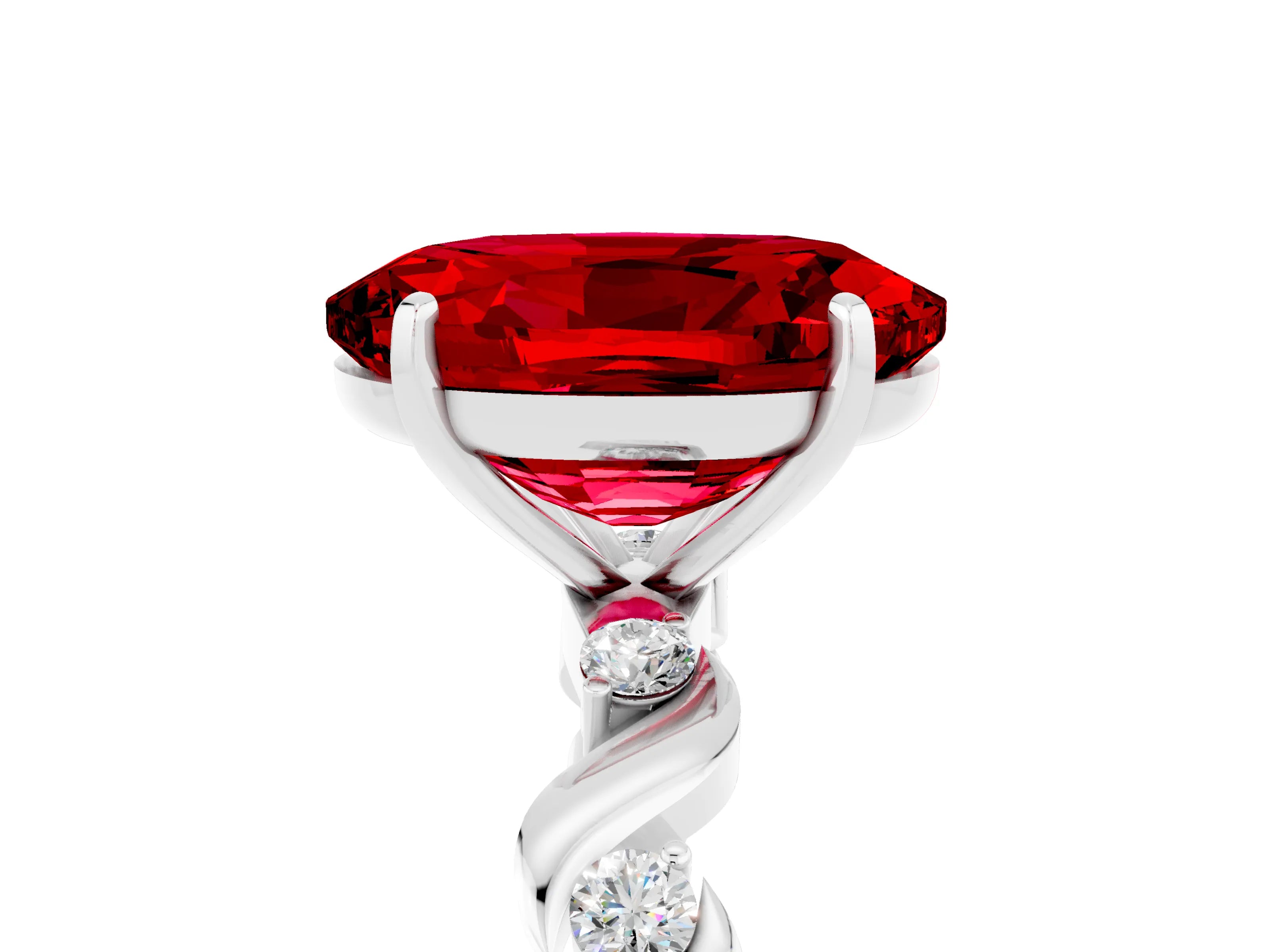 White gold Oval Cut Ruby Solitaire Twisted Band with Round  Accents and Prong Setting_17