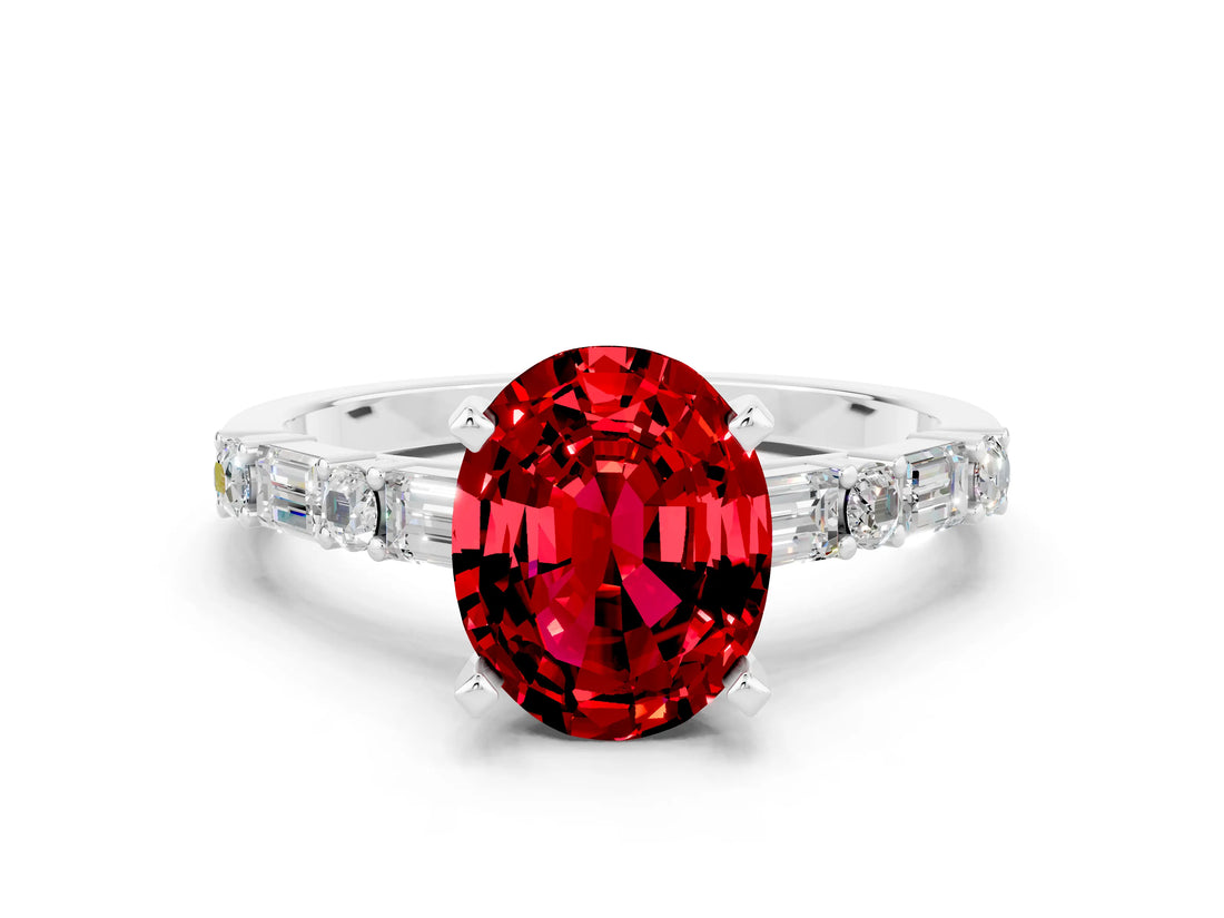 White gold Oval Cut Ruby Solitaire with Side Baguettes and Channel Set Band