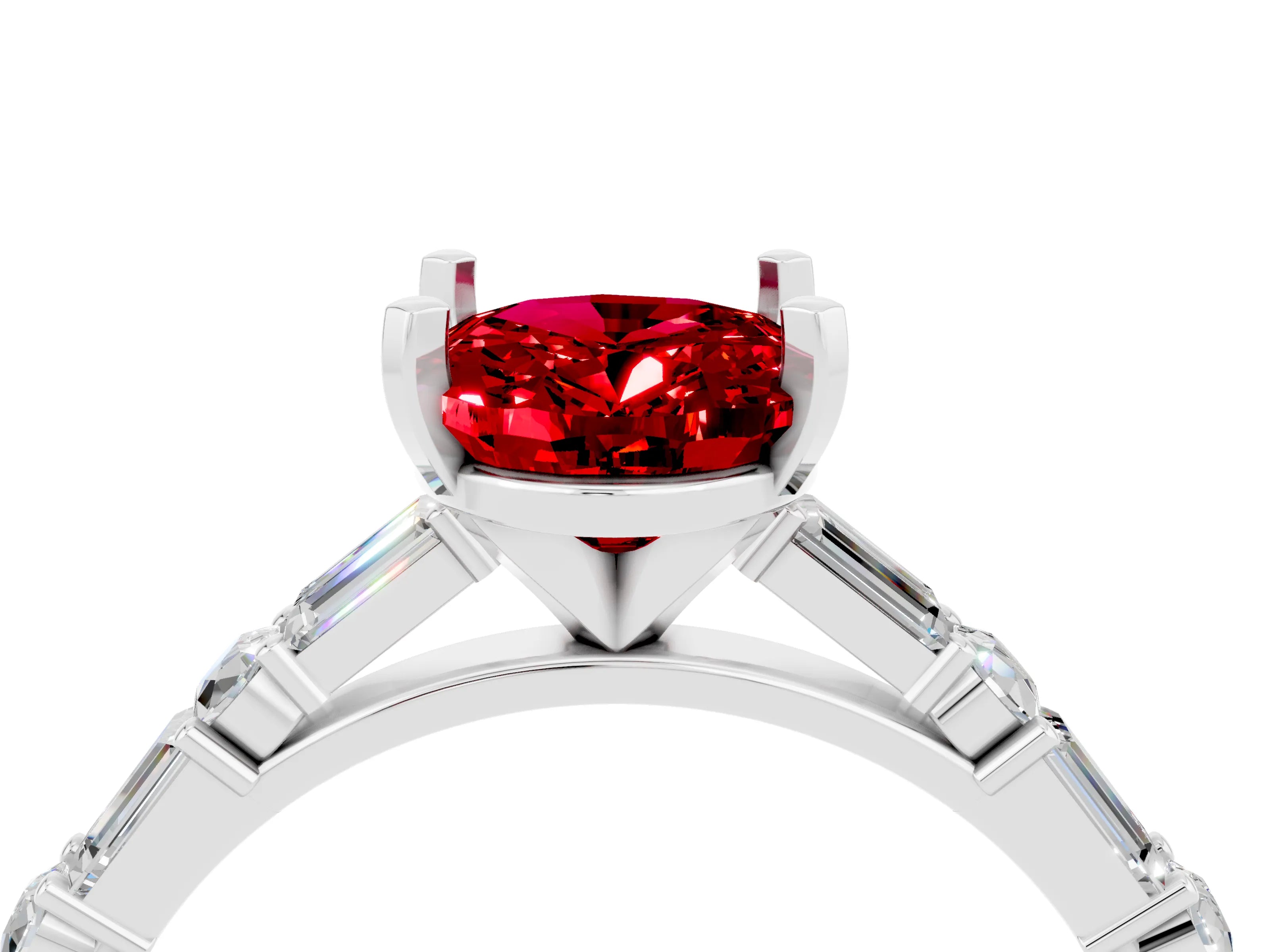 White gold Oval Cut Ruby Solitaire with Side Baguettes and Channel Set Band_4