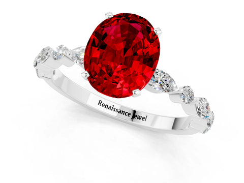 White gold Oval Cut Ruby Solitaire with Side Stones on a Pavé Band and Four-Prong Setting_1