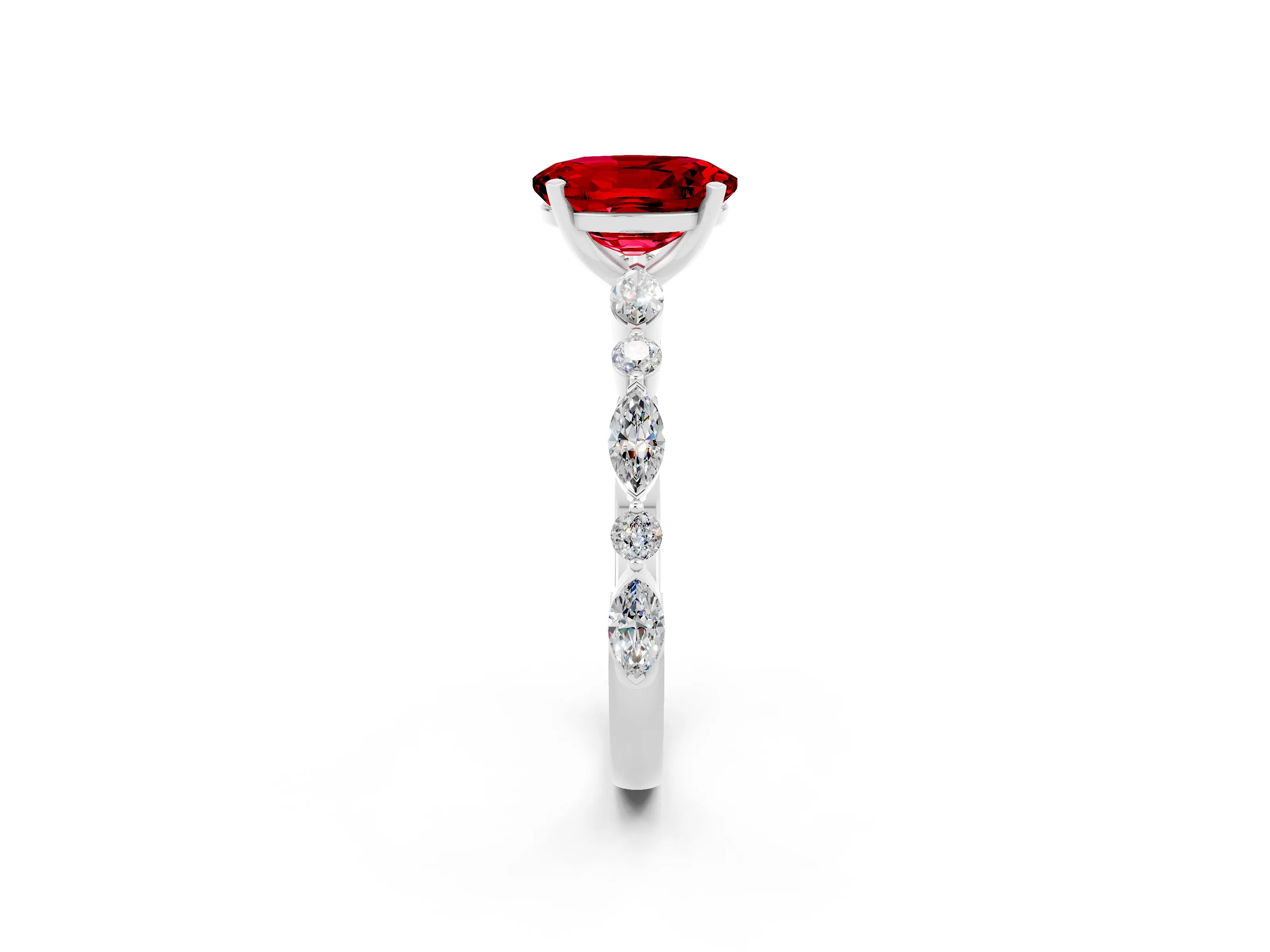 White gold Oval Cut Ruby Solitaire with Side Stones on a Pavé Band and Four-Prong Setting_2