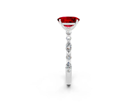 White gold Oval Cut Ruby Solitaire with Side Stones on a Pavé Band and Four-Prong Setting_2