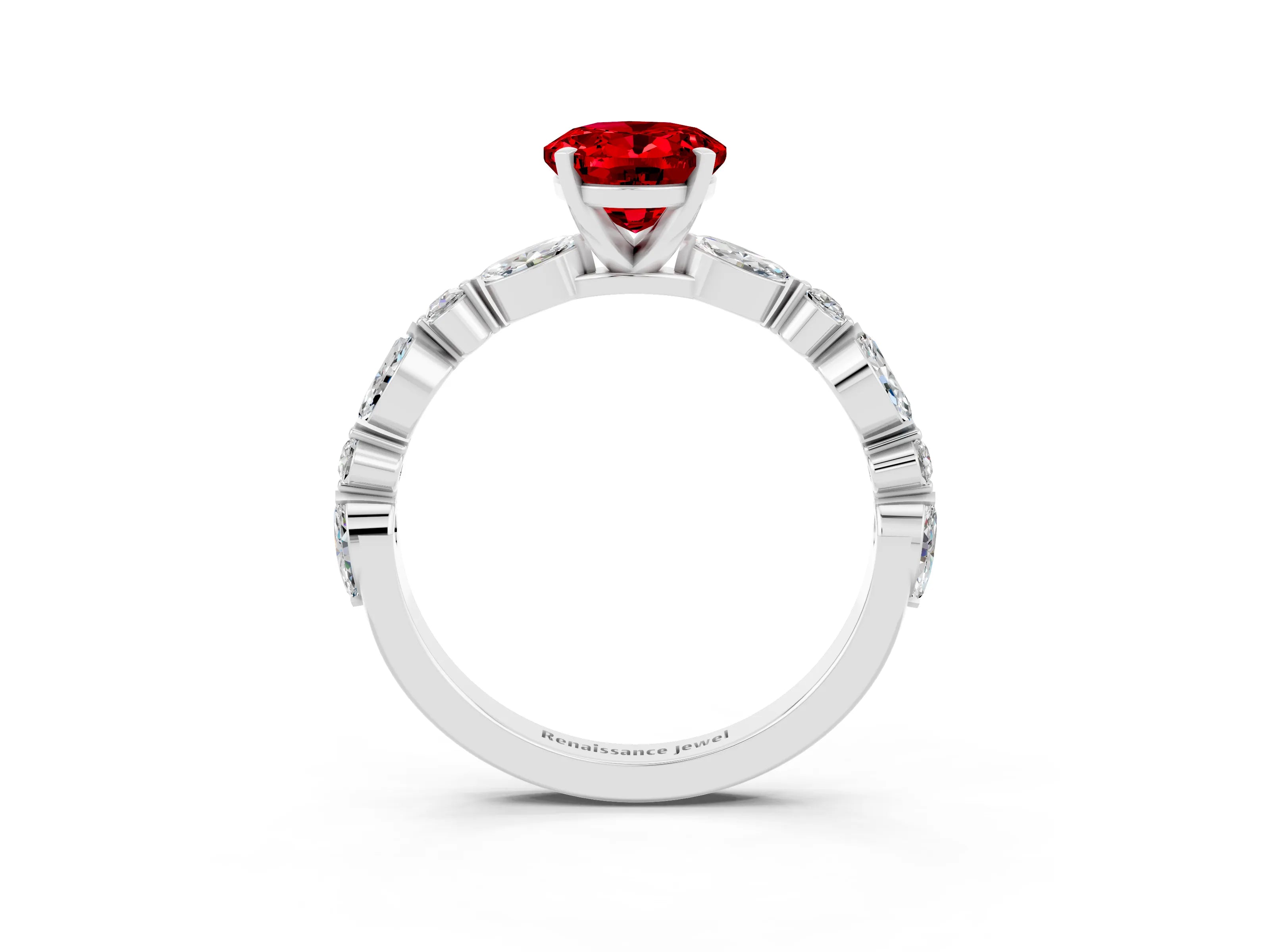 White gold Oval Cut Ruby Solitaire with Side Stones on a Pavé Band and Four-Prong Setting_3