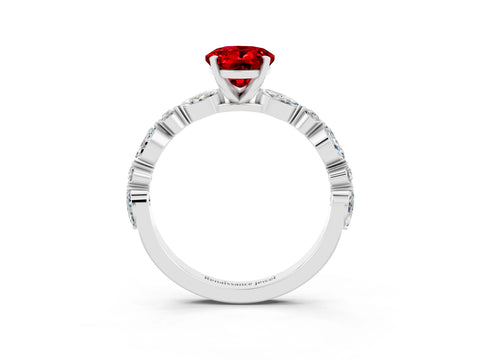 White gold Oval Cut Ruby Solitaire with Side Stones on a Pavé Band and Four-Prong Setting_3