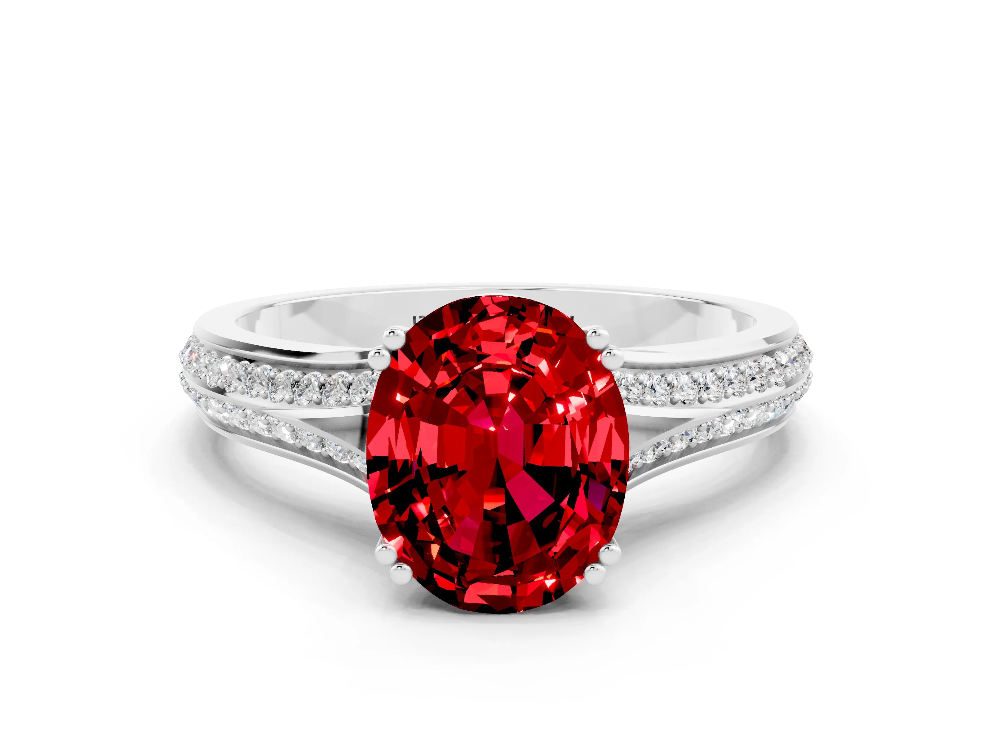 White gold Oval Cut Ruby Split Shank Engagement Ring with Pavé Band