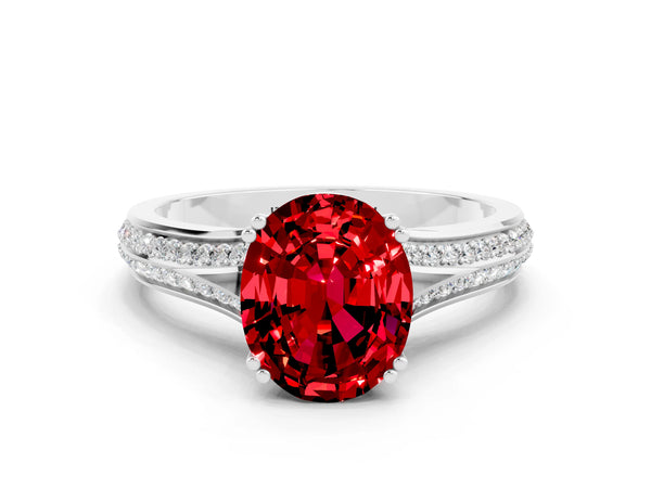 Platinum Oval Cut Ruby Split Shank Engagement Ring with Pavé Band