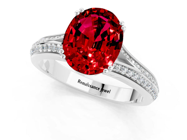 Platinum Oval Cut Ruby Split Shank Engagement Ring with Pavé Band