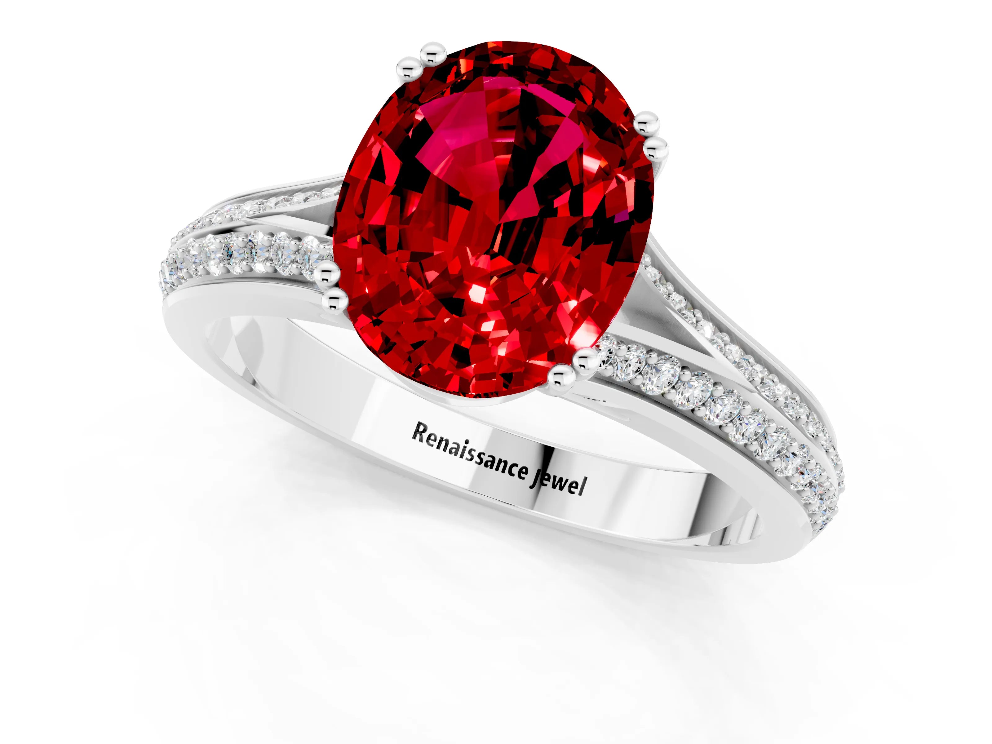 White gold Oval Cut Ruby Split Shank Engagement Ring with Pavé Band_1