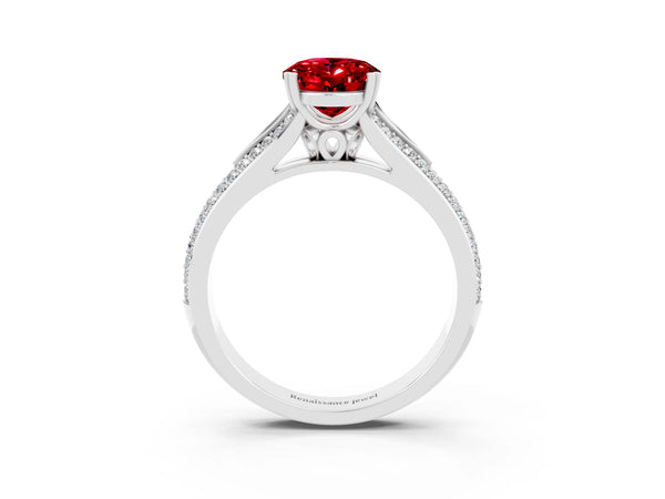 Platinum Oval Cut Ruby Split Shank Engagement Ring with Pavé Band