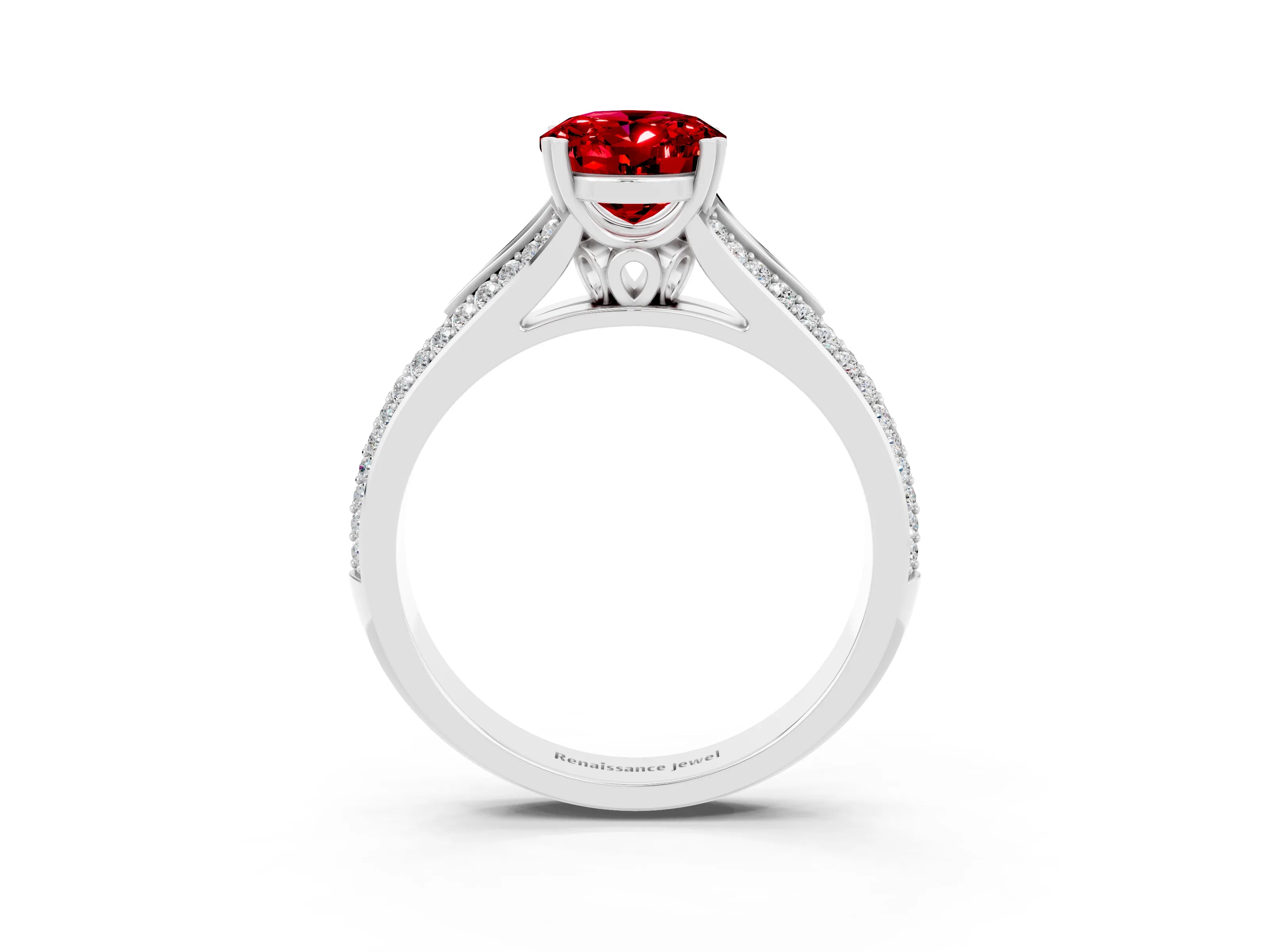 White gold Oval Cut Ruby Split Shank Engagement Ring with Pavé Band_3