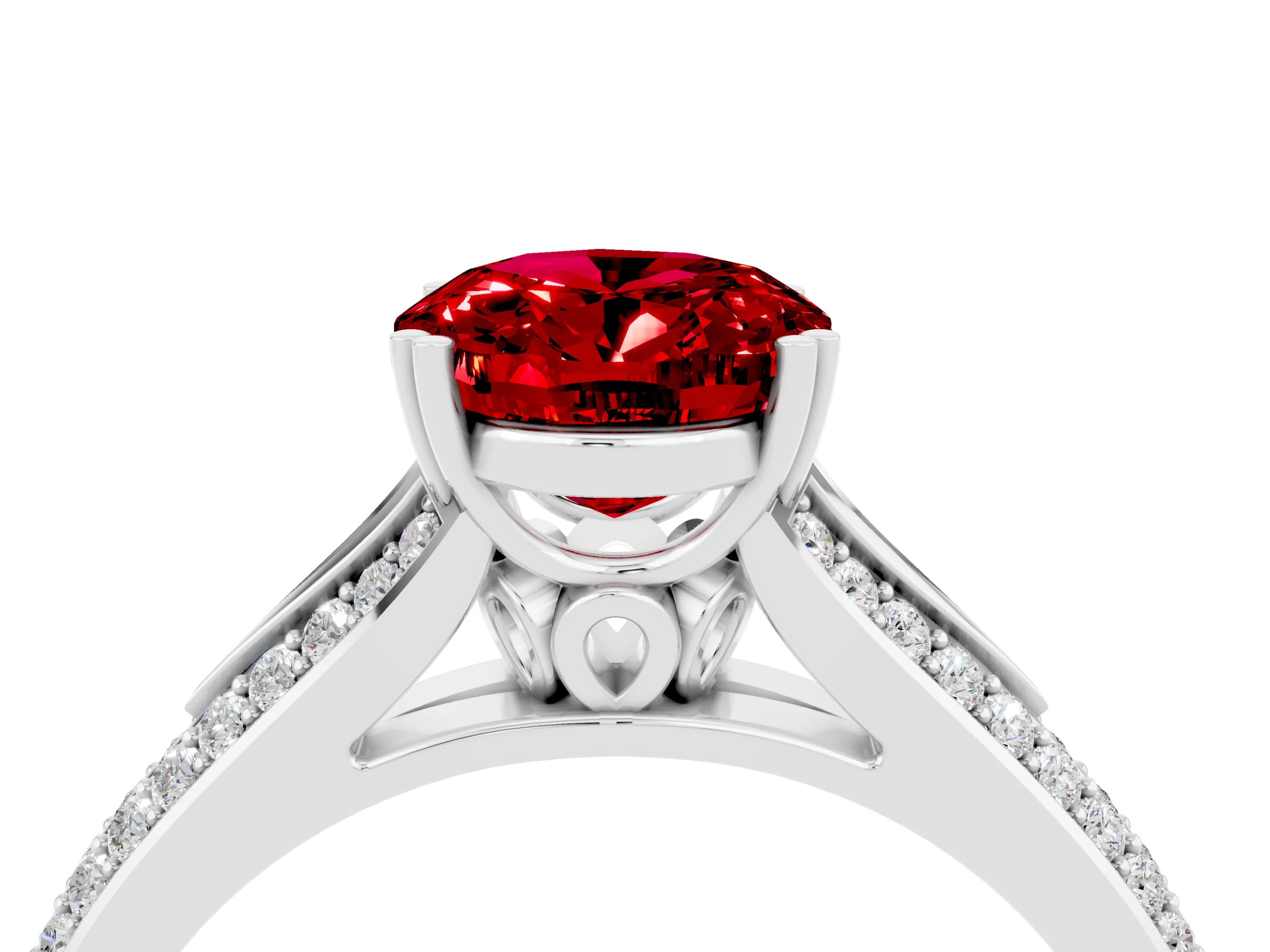 White gold Oval Cut Ruby Split Shank Engagement Ring with Pavé Band_4