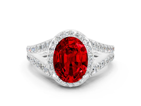 Platinum Oval Cut Ruby Split Shank Halo Ring with Four-Prong Setting