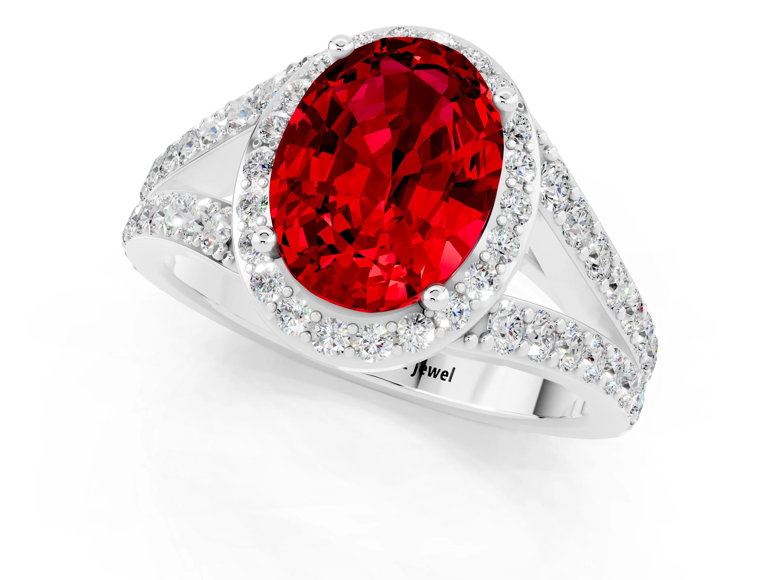 White gold Oval Cut Ruby Split Shank Halo Ring with Four-Prong Setting_13