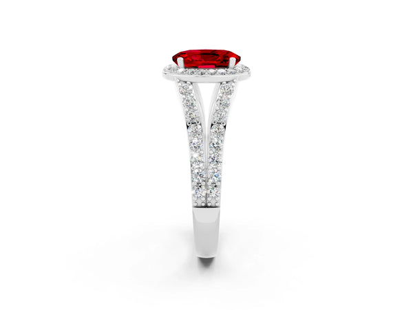 Platinum Oval Cut Ruby Split Shank Halo Ring with Four-Prong Setting