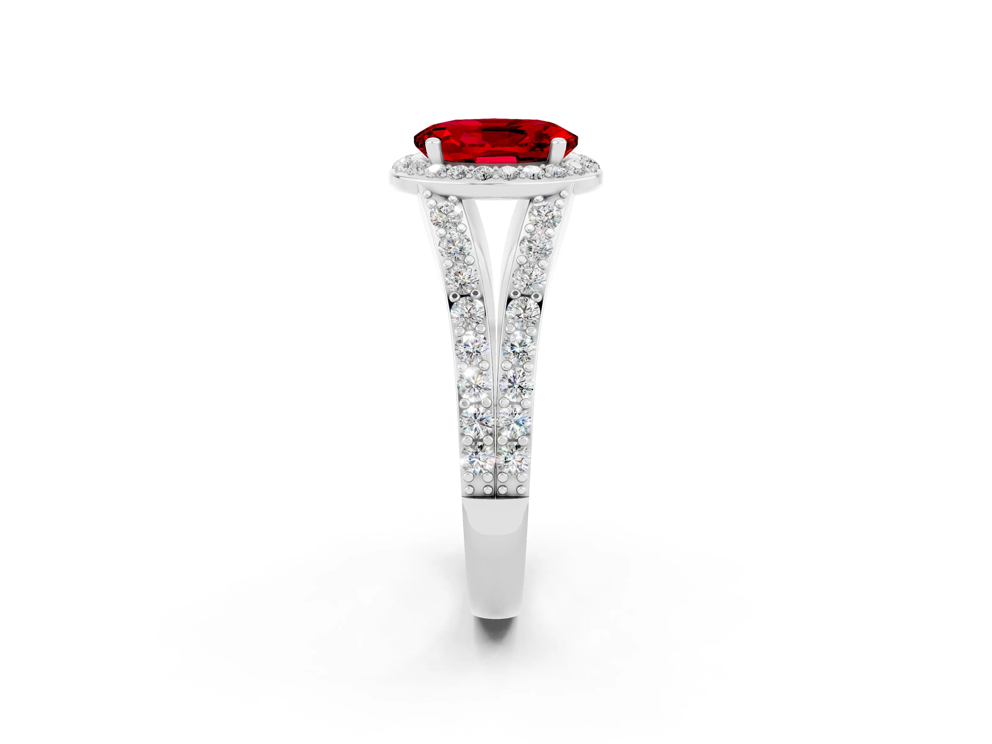 White gold Oval Cut Ruby Split Shank Halo Ring with Four-Prong Setting_22