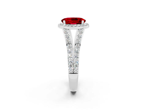 White gold Oval Cut Ruby Split Shank Halo Ring with Four-Prong Setting_22