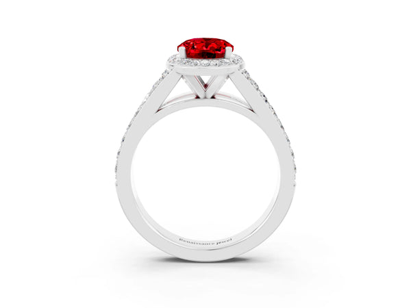 White gold Oval Cut Ruby Split Shank Halo Ring with Four-Prong Setting