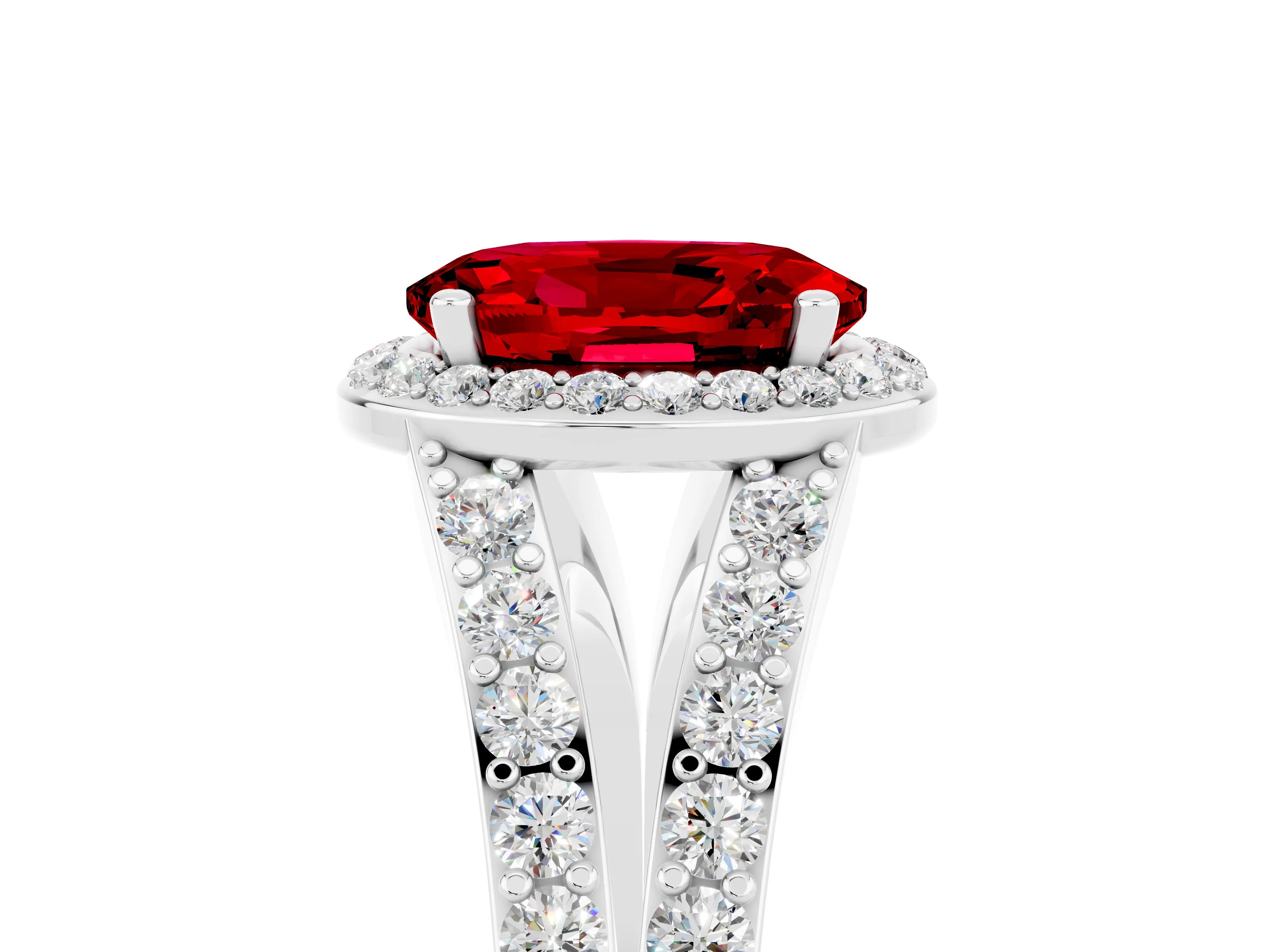 White gold Oval Cut Ruby Split Shank Halo Ring with Four-Prong Setting_25
