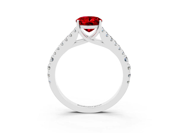 Silver Oval Cut Ruby Split Shank Pavé Engagement Ring with Four-Prong Setting