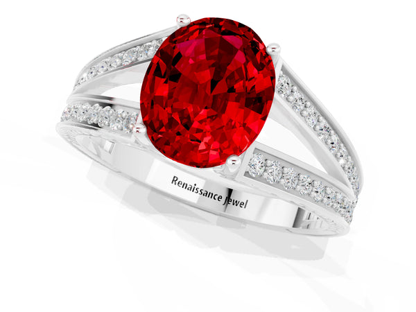 Platinum Oval Cut Ruby Split Shank Ring with Pavé Band and Four-Prong Setting