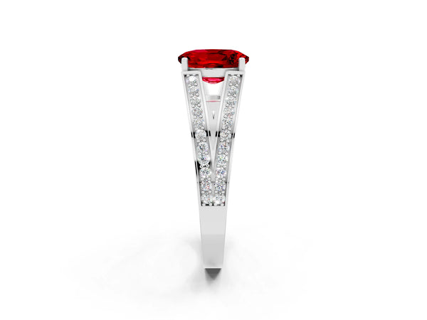 Platinum Oval Cut Ruby Split Shank Ring with Pavé Band and Four-Prong Setting