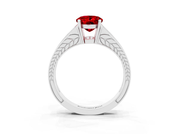White gold Oval Cut Ruby Split Shank Ring with Pavé Band and Four-Prong Setting