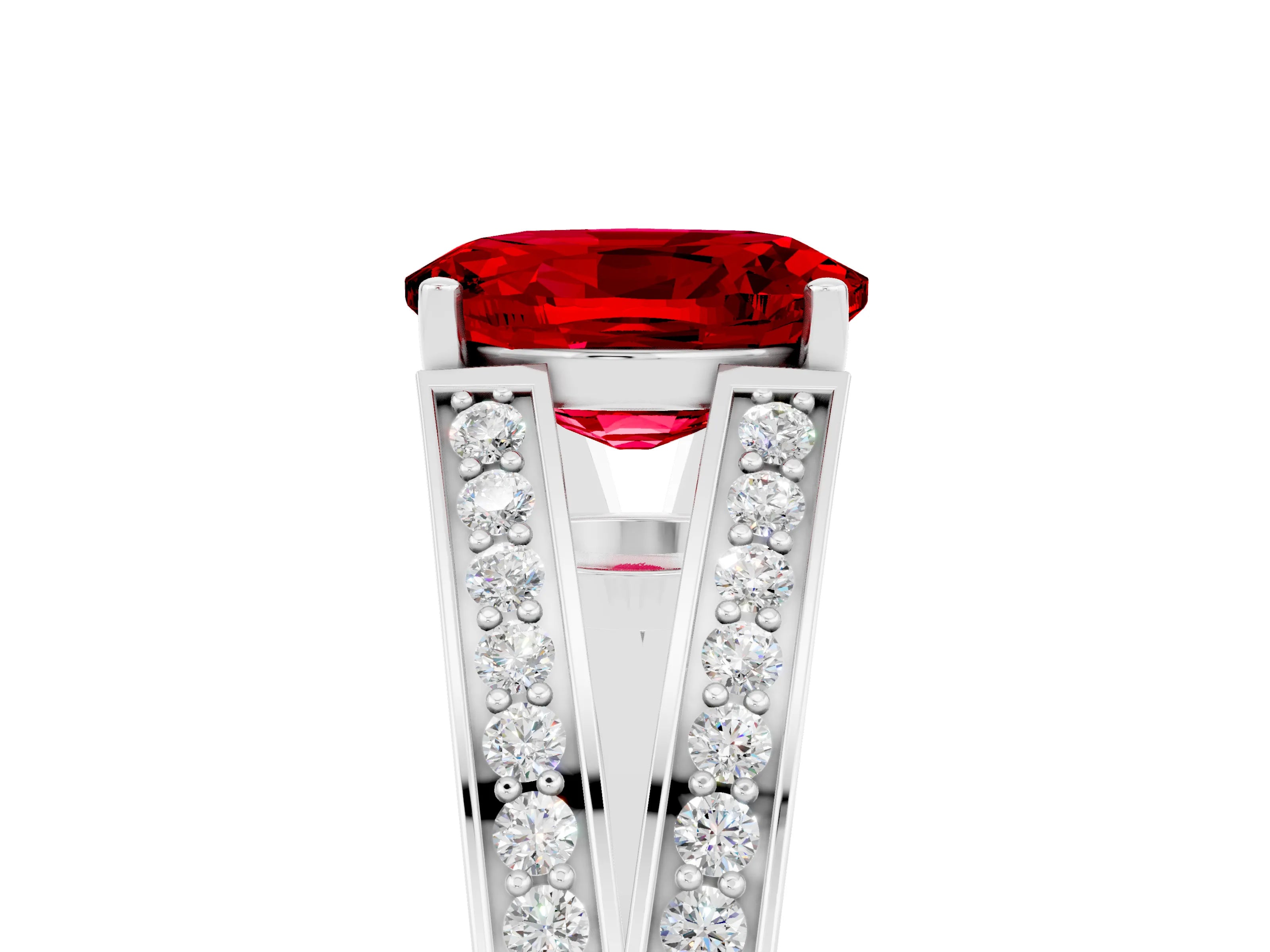 White gold Oval Cut Ruby Split Shank Ring with Pavé Band and Four-Prong Setting_5