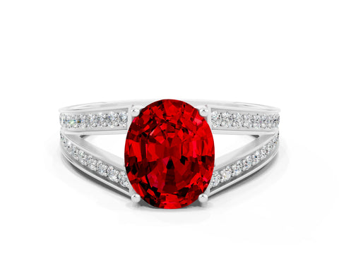 White gold Oval Cut Ruby Split Shank Ring with Pavé Band and Four-Prong Setting
