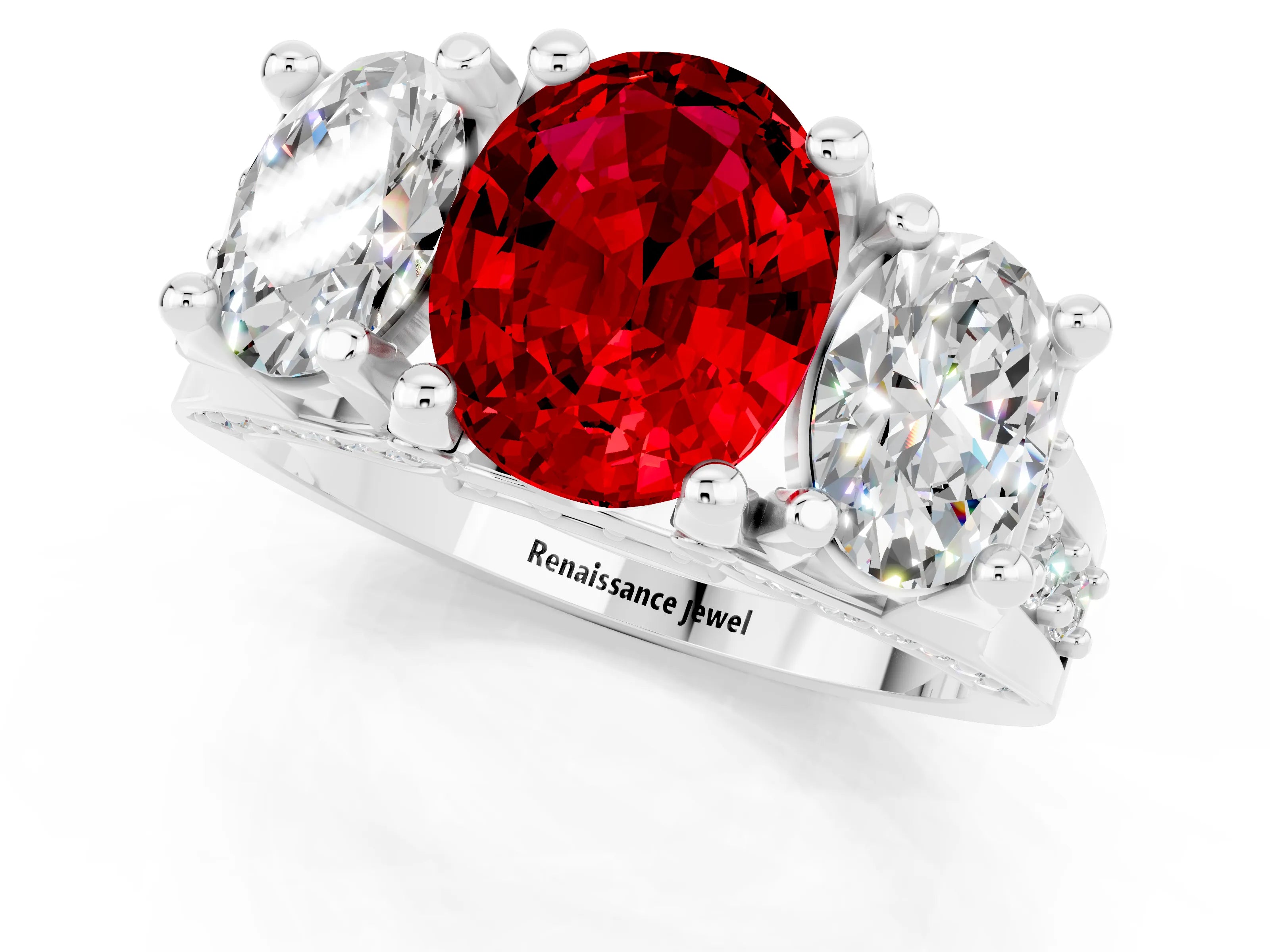 White gold Oval Cut Ruby Three-Stone Ring with Channel Set Band and Four-Prong Setting_1