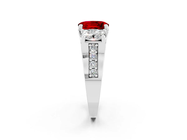 Platinum Oval Cut Ruby Three-Stone Ring with Channel Set Band and Four-Prong Setting