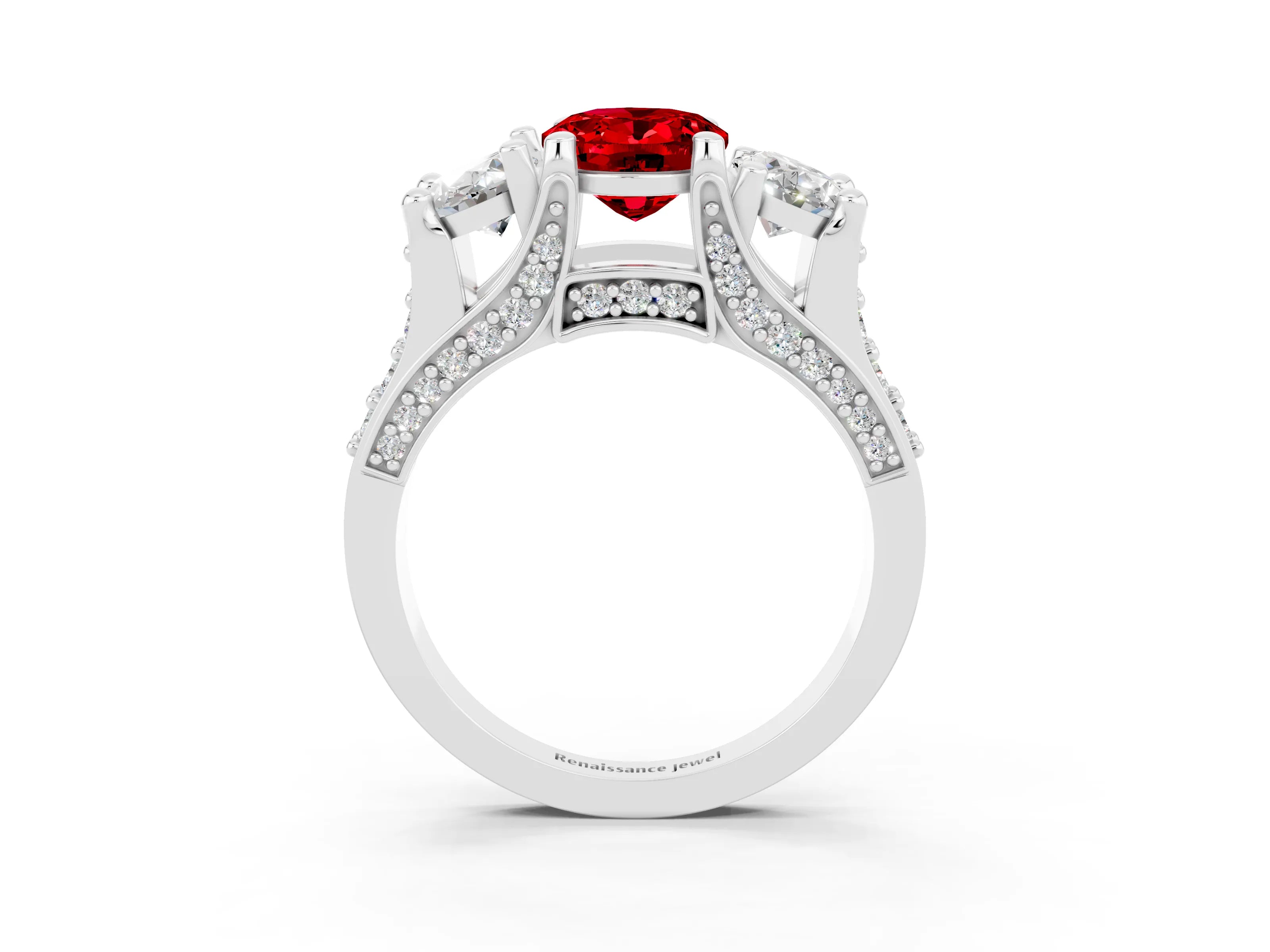 White gold Oval Cut Ruby Three-Stone Ring with Channel Set Band and Four-Prong Setting_3