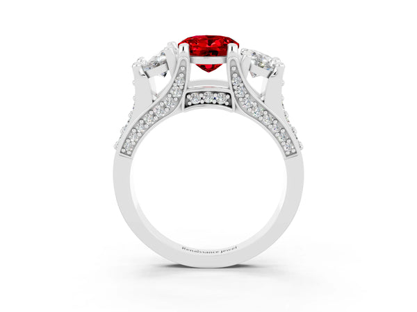White gold Oval Cut Ruby Three-Stone Ring with Channel Set Band and Four-Prong Setting