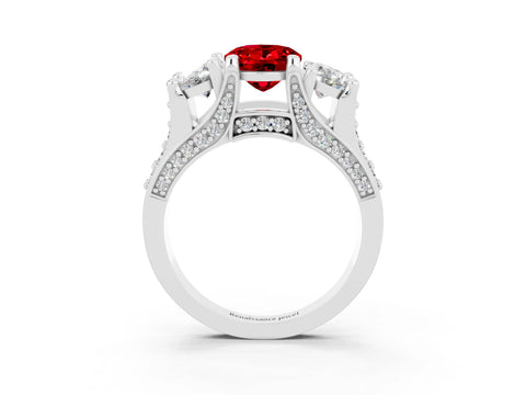 White gold Oval Cut Ruby Three-Stone Ring with Channel Set Band and Four-Prong Setting_3