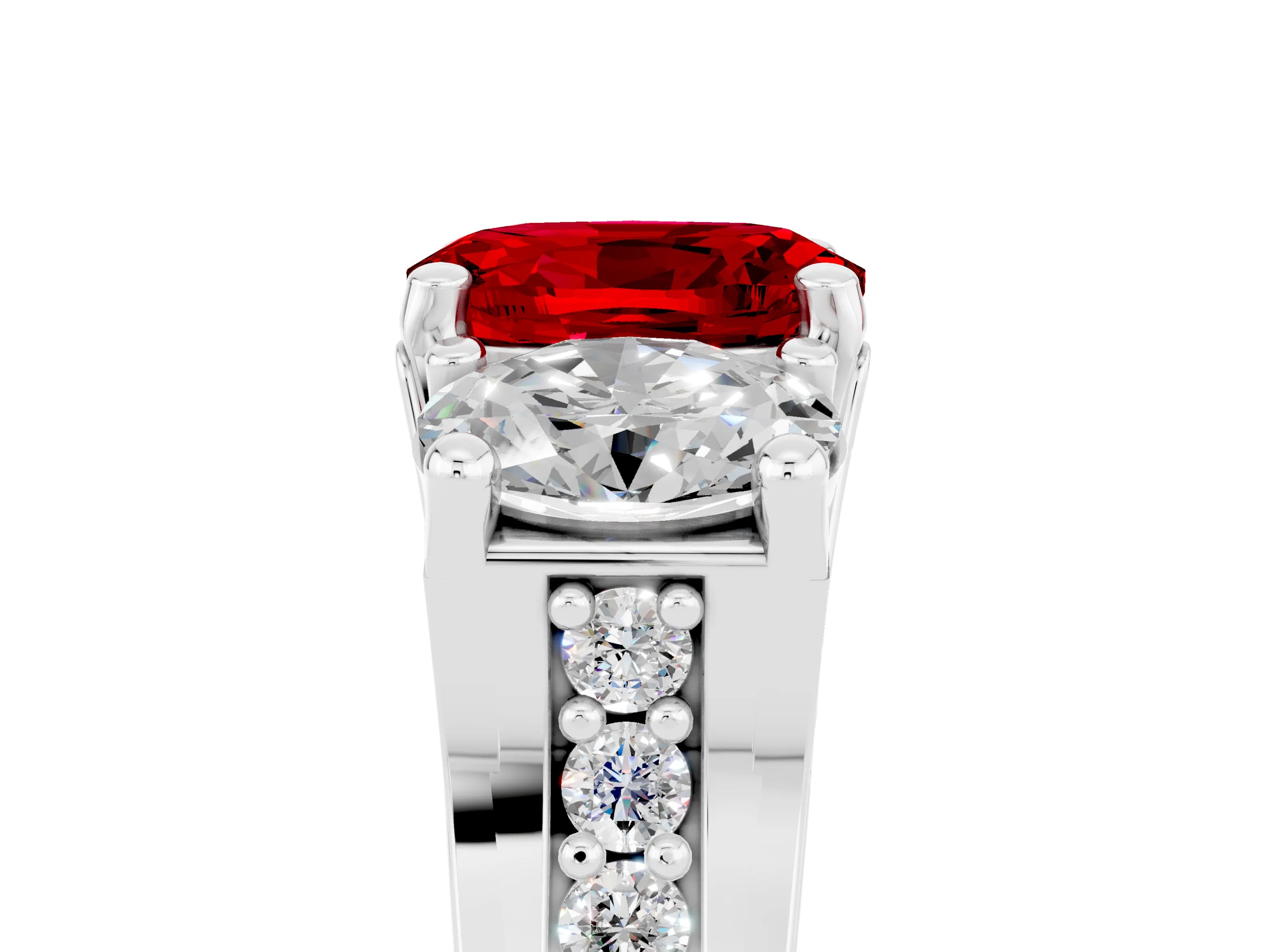 White gold Oval Cut Ruby Three-Stone Ring with Channel Set Band and Four-Prong Setting_5