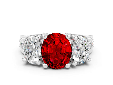 White gold Oval Cut Ruby Three-Stone Ring with Channel Set Band and Four-Prong Setting