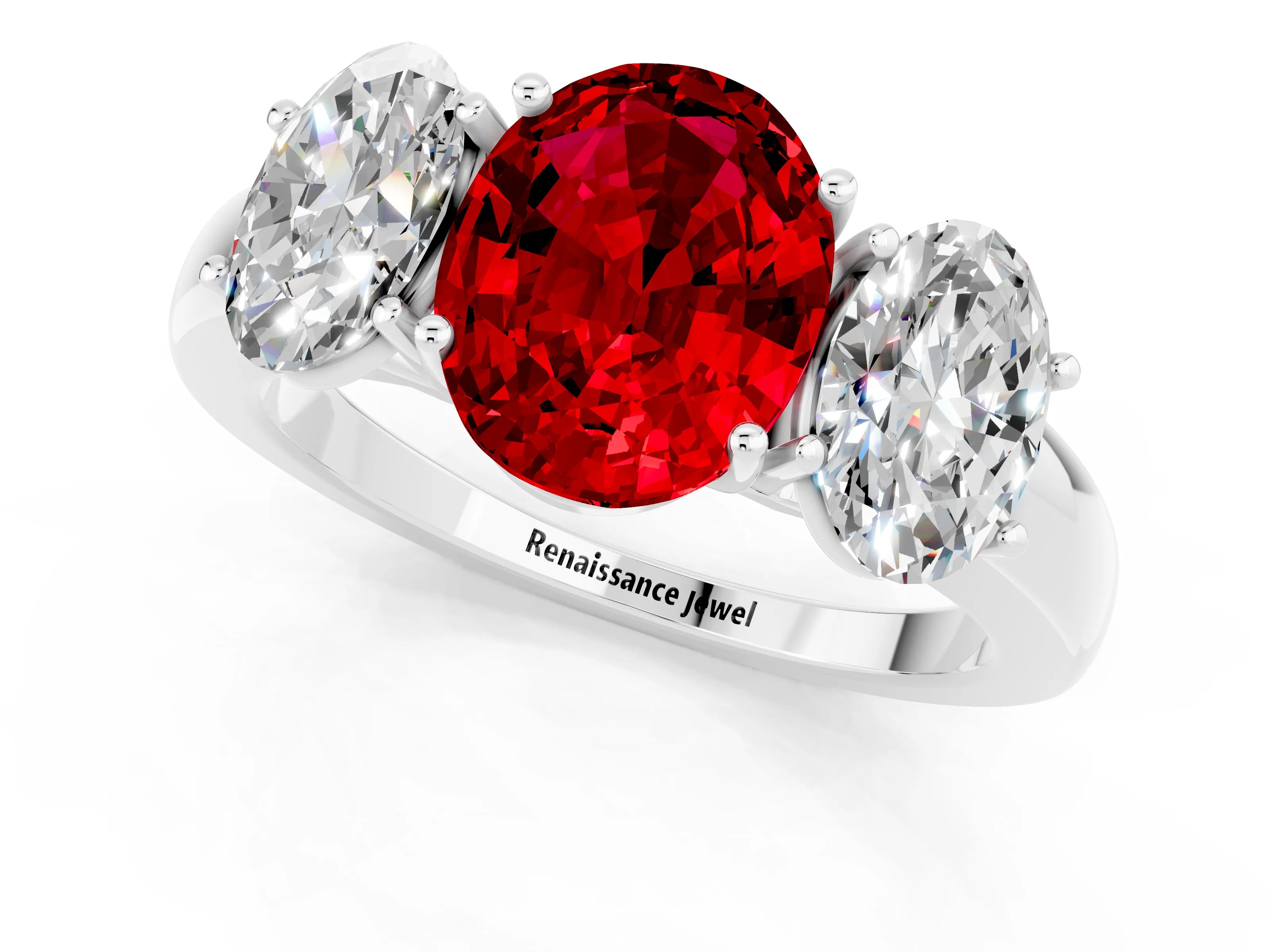 White gold Oval Cut Ruby Three-Stone Ring with Four-Prong Setting and Classic Band_1