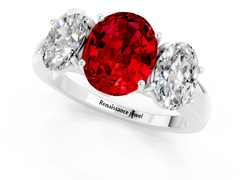 White gold Oval Cut Ruby Three-Stone Ring with Four-Prong Setting and Classic Band_1
