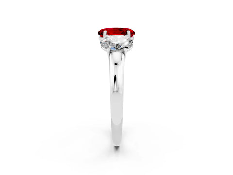 White gold Oval Cut Ruby Three-Stone Ring with Four-Prong Setting and Classic Band_2