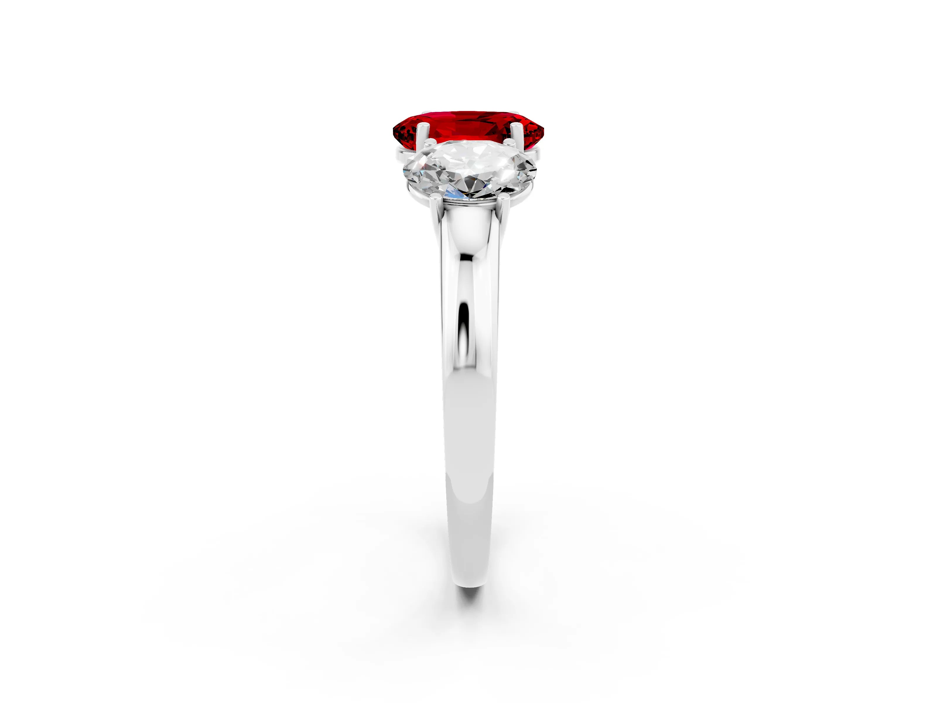 White gold Oval Cut Ruby Three-Stone Ring with Four-Prong Setting and Classic Band_2