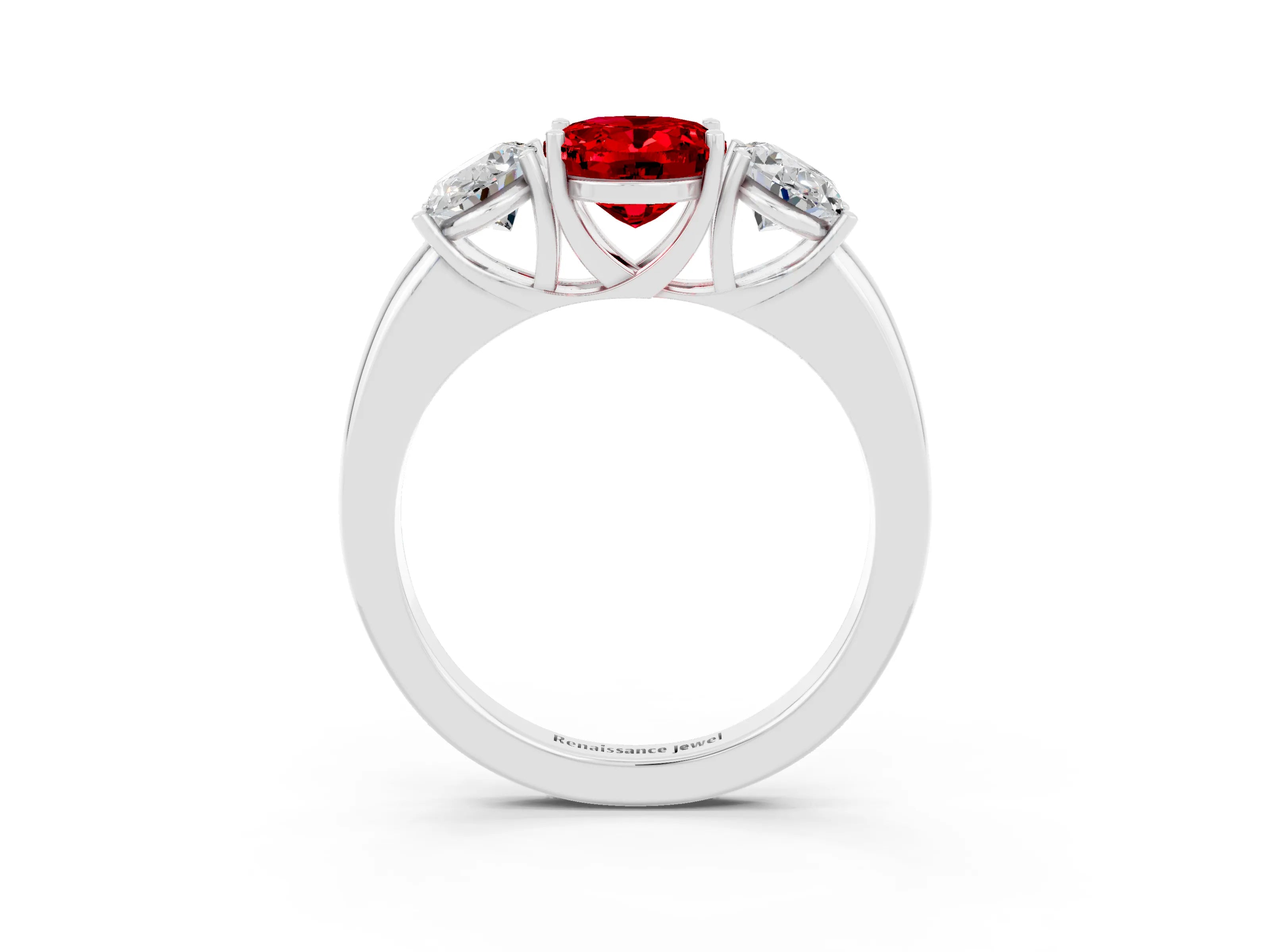 White gold Oval Cut Ruby Three-Stone Ring with Four-Prong Setting and Classic Band_3