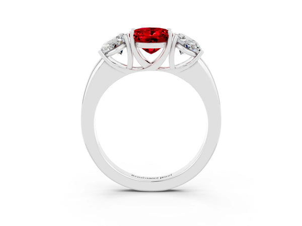 White gold Oval Cut Ruby Three-Stone Ring with Four-Prong Setting and Classic Band