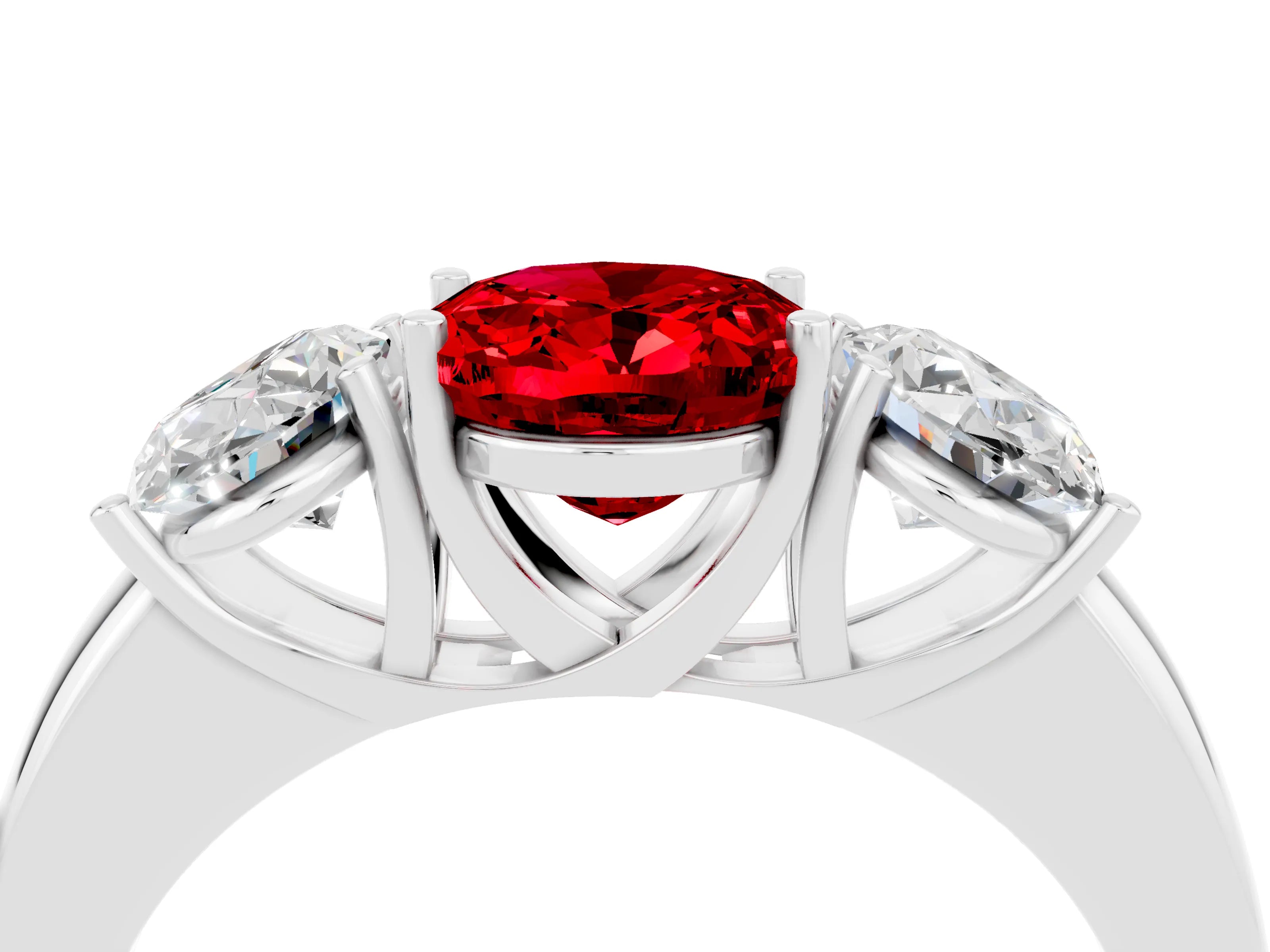 White gold Oval Cut Ruby Three-Stone Ring with Four-Prong Setting and Classic Band_4