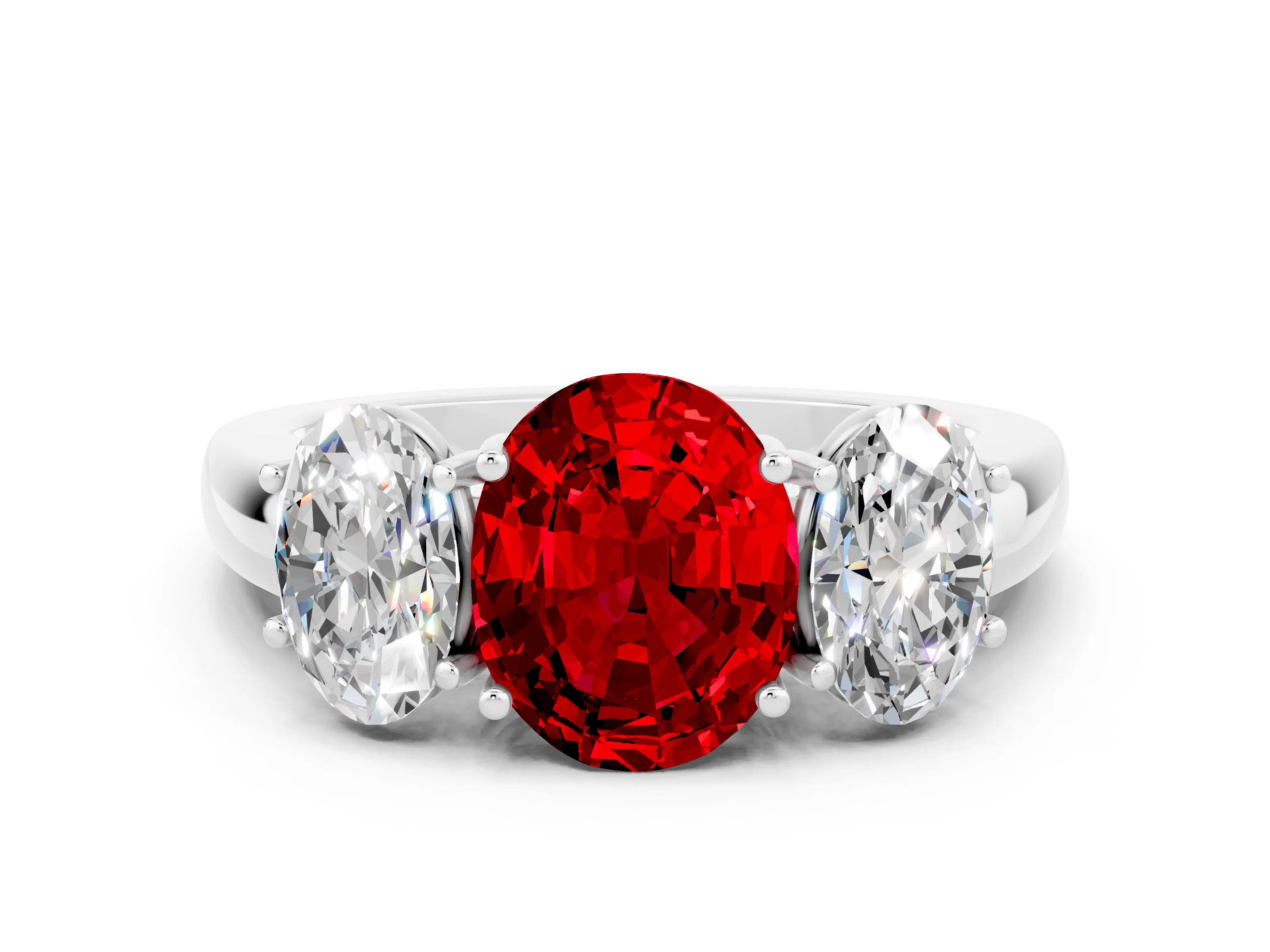 White gold Oval Cut Ruby Three-Stone Ring with Four-Prong Setting and Classic Band