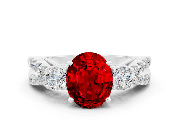 Silver Oval Cut Ruby Three-Stone Ring with Pavé Split Shank and Four-Prong Setting