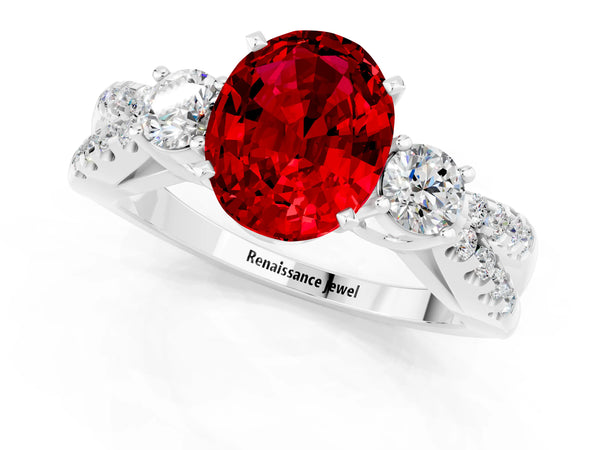 Platinum Oval Cut Ruby Three-Stone Ring with Pavé Split Shank and Four-Prong Setting