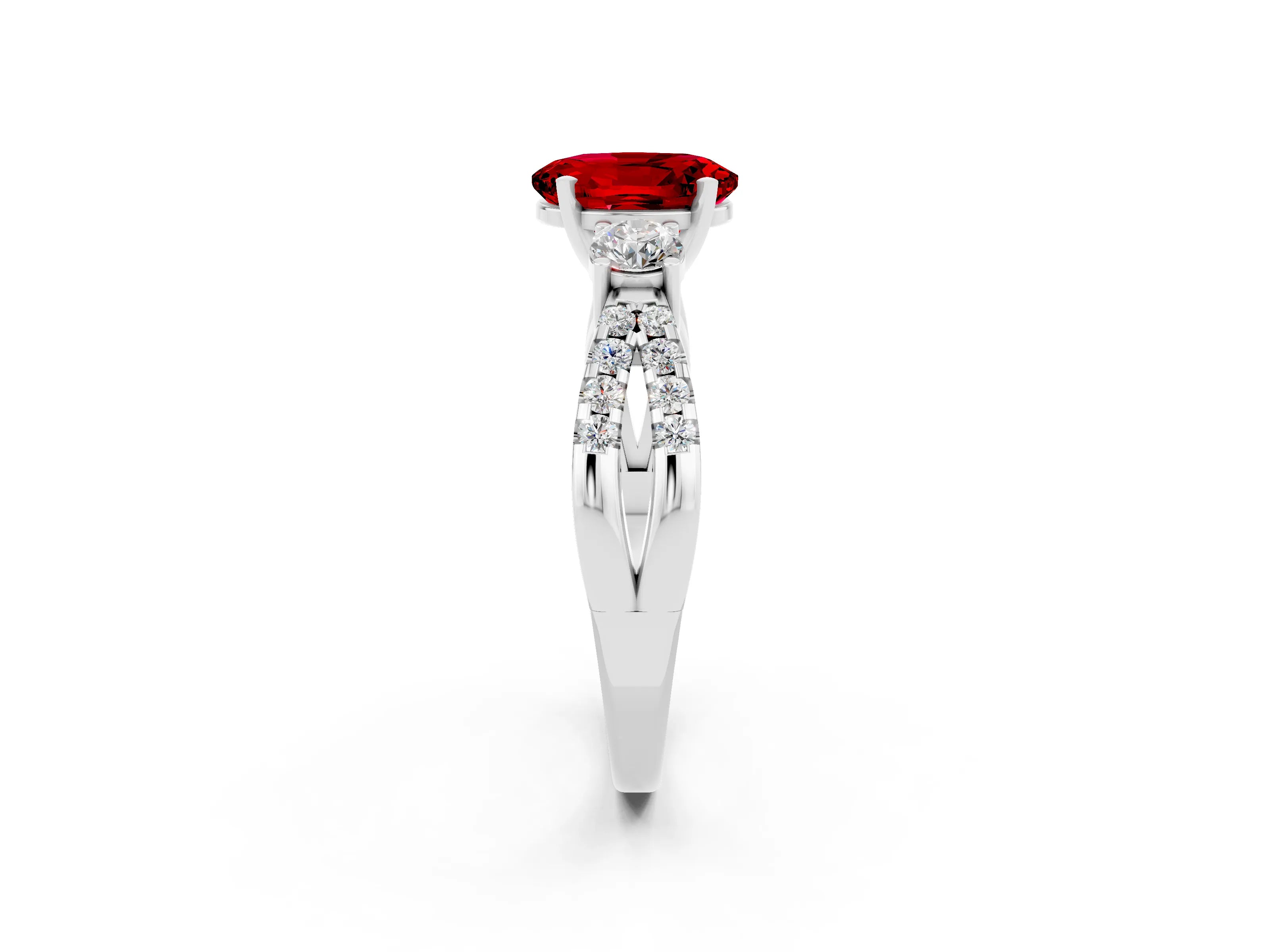 White gold Oval Cut Ruby Three-Stone Ring with Pavé Split Shank and Four-Prong Setting_14