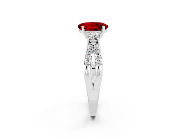 Silver Oval Cut Ruby Three-Stone Ring with Pavé Split Shank and Four-Prong Setting