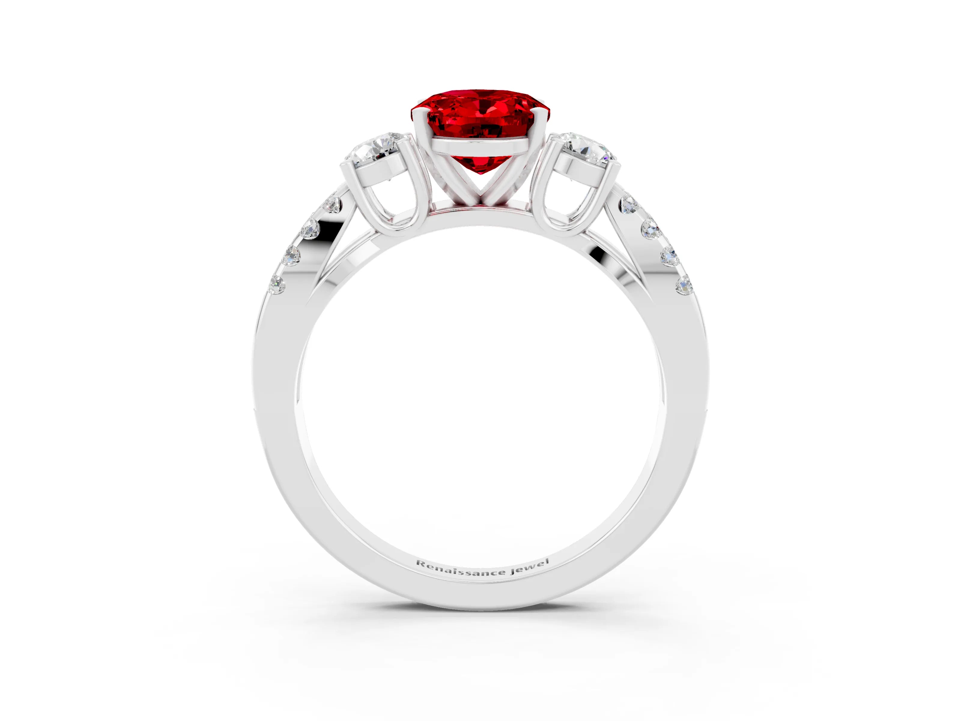 White gold Oval Cut Ruby Three-Stone Ring with Pavé Split Shank and Four-Prong Setting_15