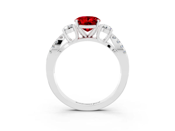 Platinum Oval Cut Ruby Three-Stone Ring with Pavé Split Shank and Four-Prong Setting