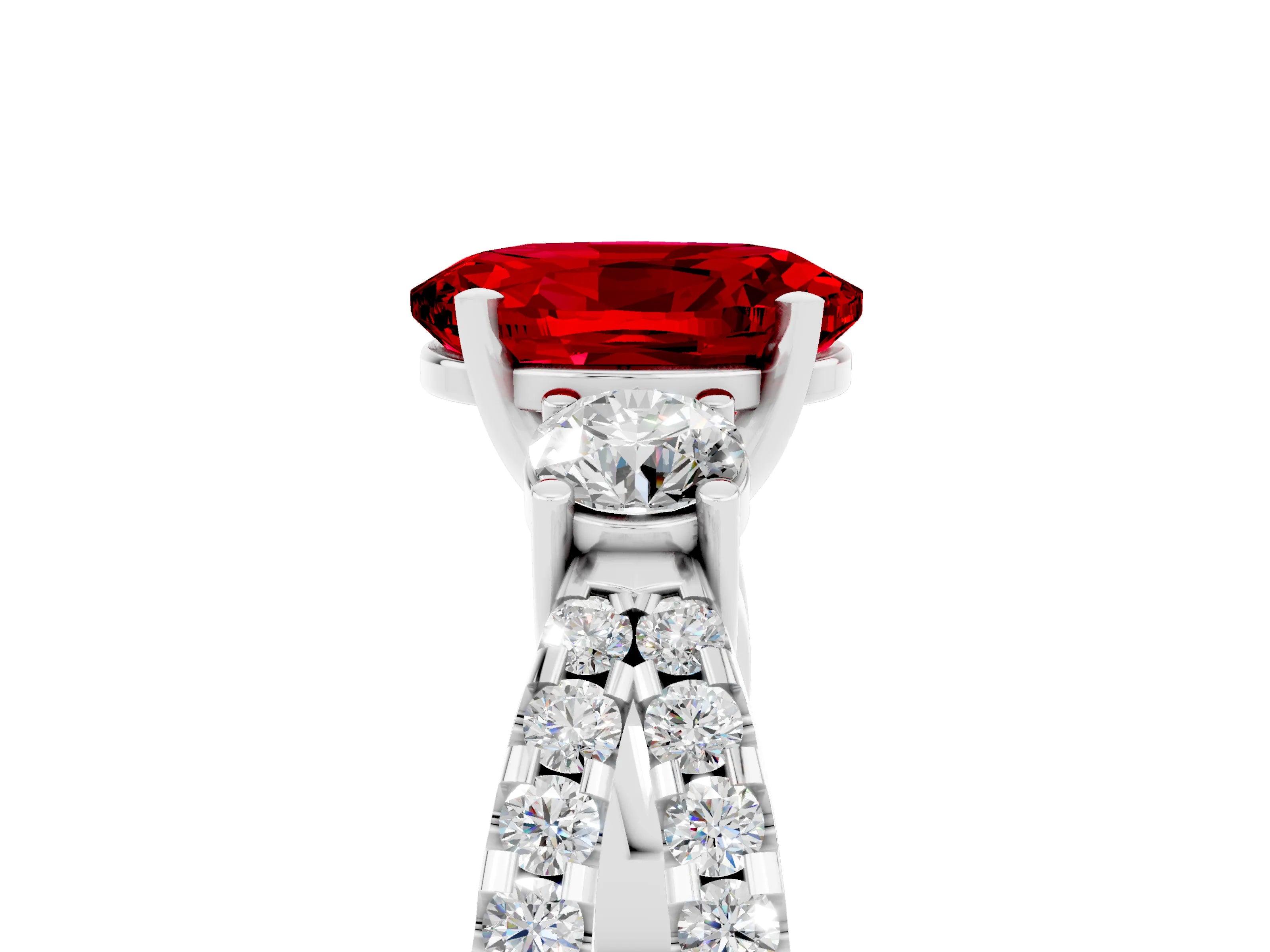 White gold Oval Cut Ruby Three-Stone Ring with Pavé Split Shank and Four-Prong Setting_17